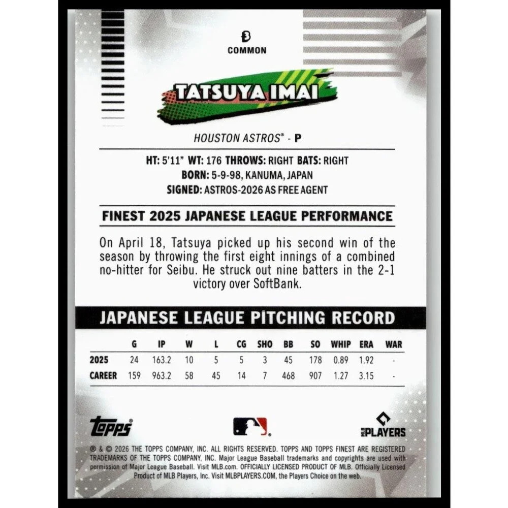 Topps 2026 Finest } Tatsuya Imai Rookie